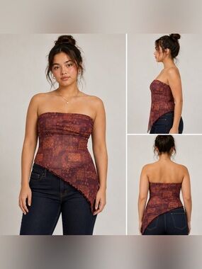 Ruby & Jewell Los Angeles Asymmetrical Mesh Tube Top Brown Paisley Size L NWT